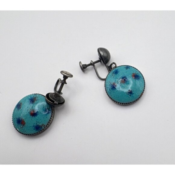 Faux Turquoise Polka Dot Enamel Earrings Silver Tone Clip On Retro Boho - Picture 5 of 6